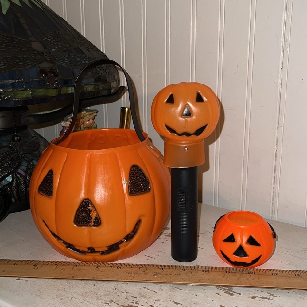 Halloween Pumpkin Decor Set Vintage hard plastic light candy container blow mold